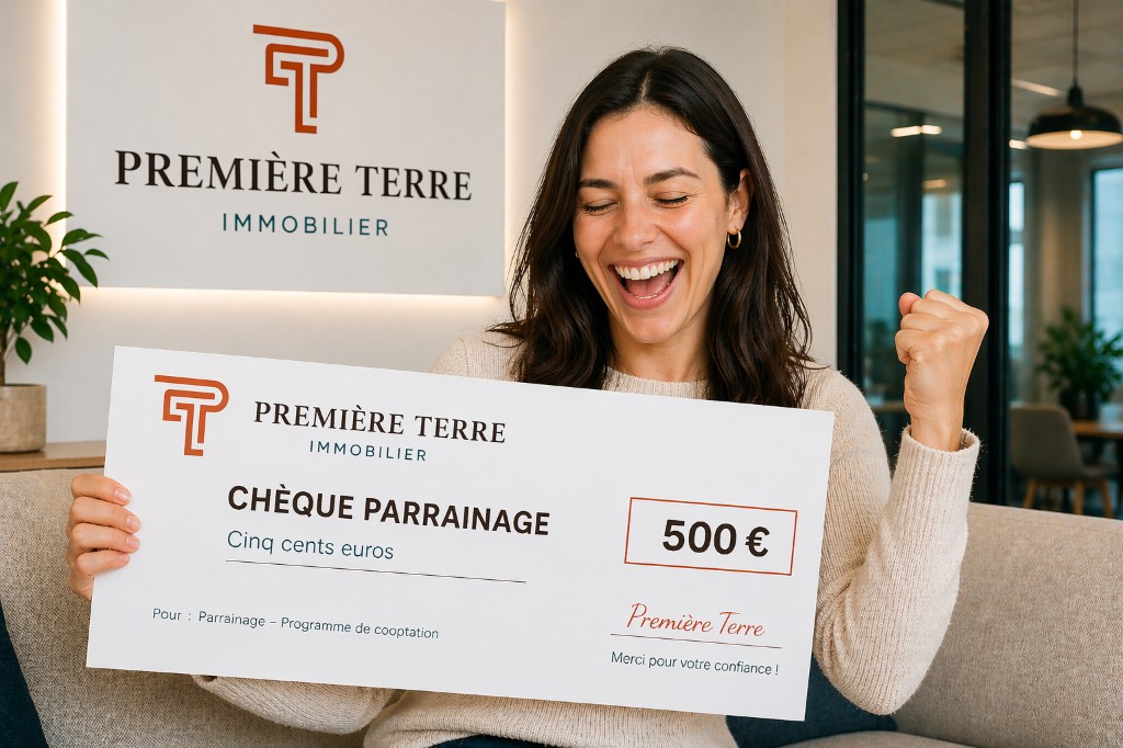 Cliente Premiere Terre avec chèque de parrainage